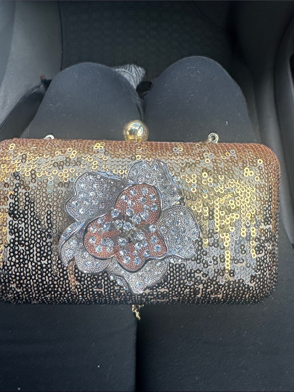 Gold Sequin Floral Applique Evening Clutch